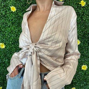 MARGA cream satin stripe tie side blouse